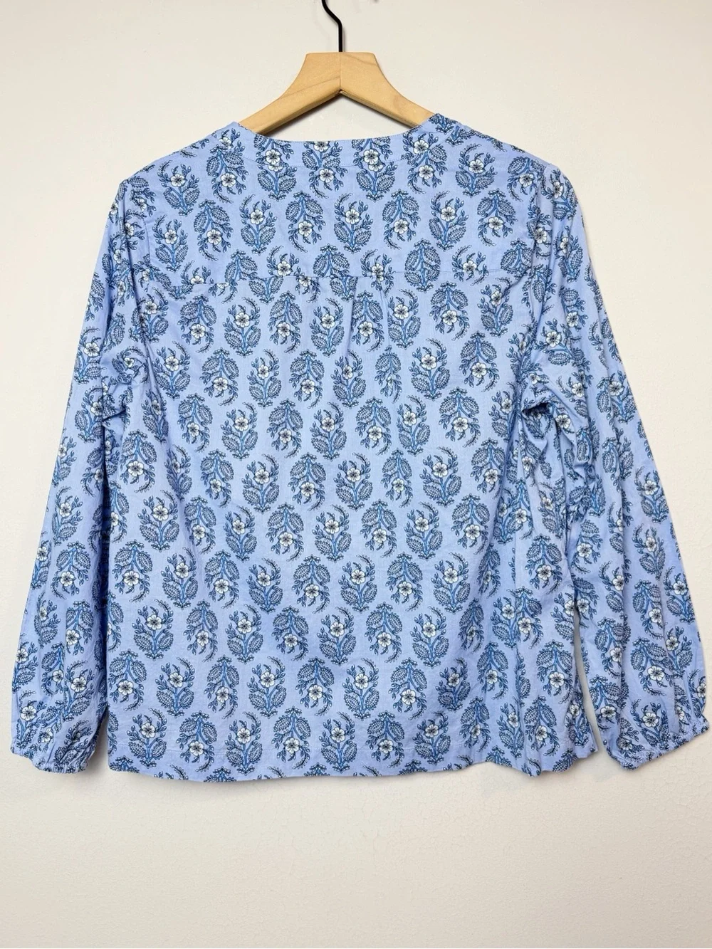 J. Crew Blue Printed Tie Split Neck Top